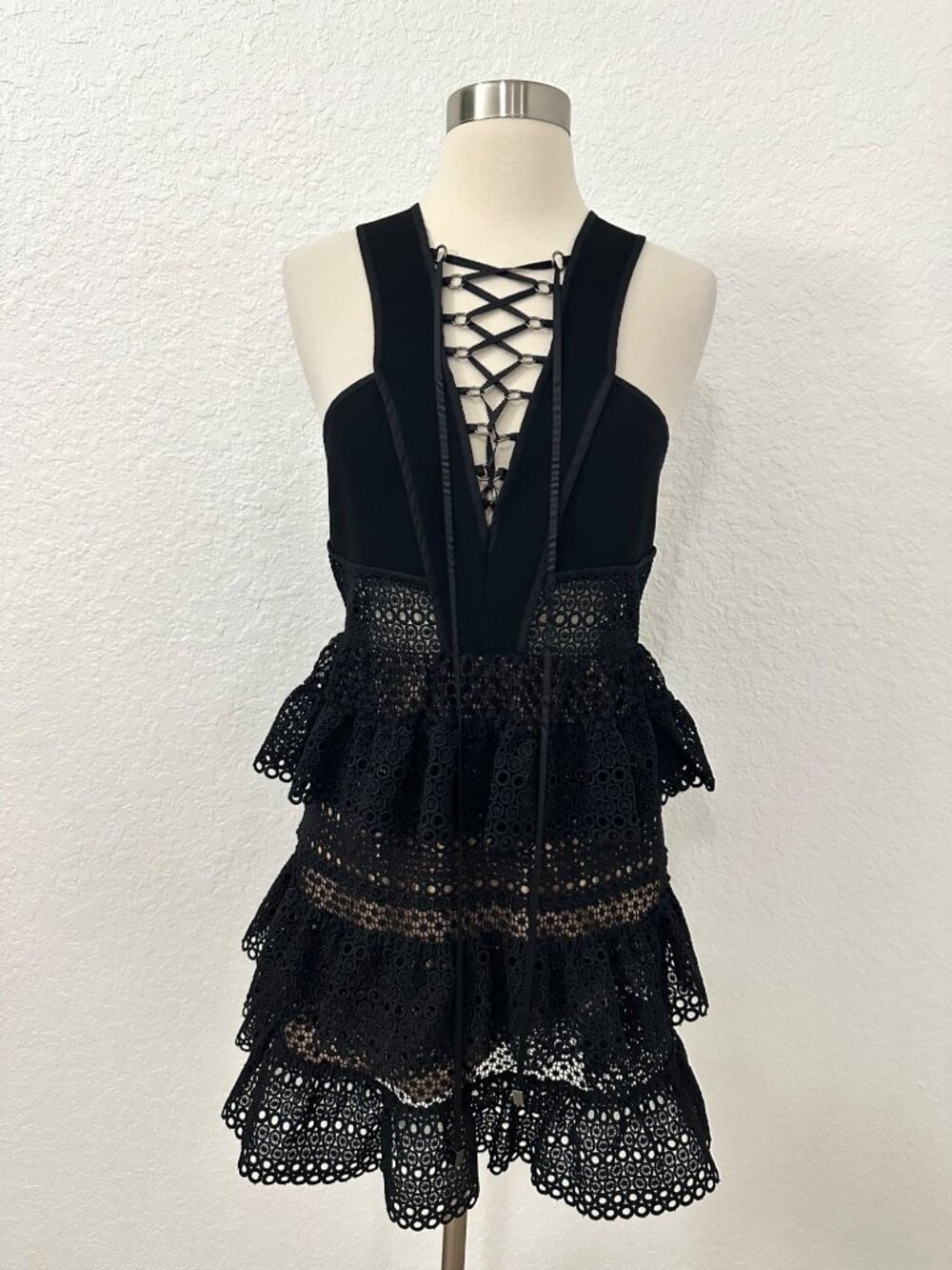 Self Portrait Lace Up Tiered Dress in Black - Picture 2 of 15